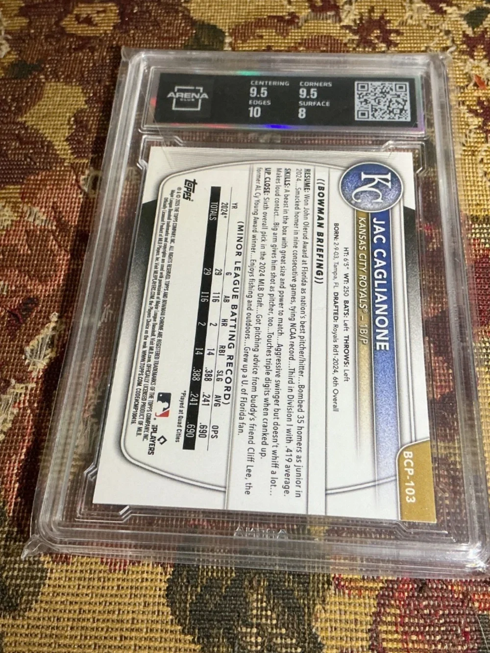 2025 Bowman BCP-103 Jac Caglianone Chrome Prospects Graded Rookie card Arena 8.5